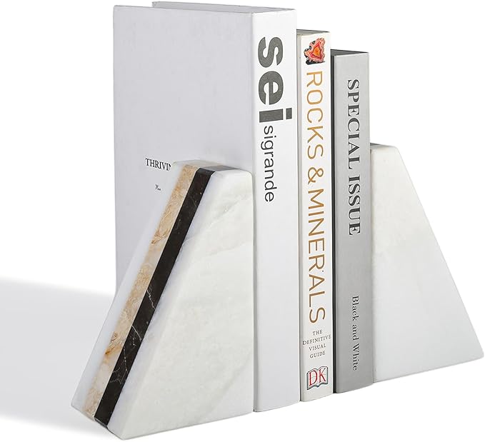 Marble Book Ends, Non-Skid Bookends for Shelves, Composite Bookend with Natural Marble, Heavy Duty Book Stopper, Collected CDs and Oversized Books Organizer, Gold & Black Decorative Bookends