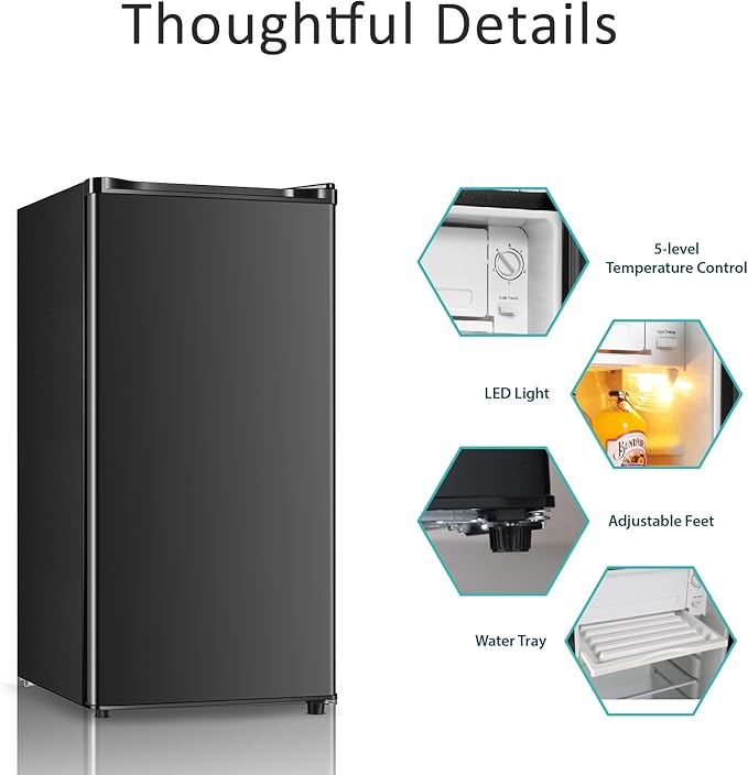 Seaoola Mini Fridge with Freezer, Single Door 3.1 Cu.Ft, Compact Mini Refrigerator, LED Light, Adjustable Thermostat, Removable Glass Shelves, Small Refrigerator for Dorm/Office/Bedroom(Black)