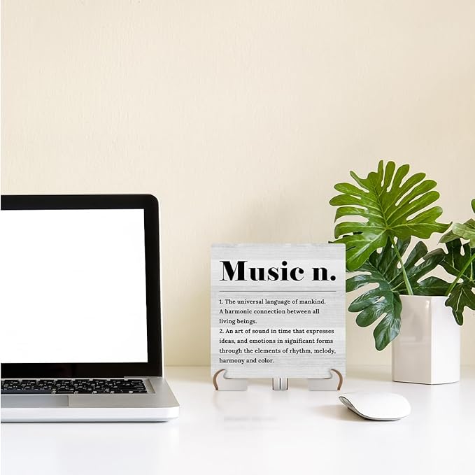 Music Definition Wood Sign Desk Decor Positive Rustic Office Cubicle Decor Inspirational Plaque with Wooden Stand Farmhouse Office Desk Accessories for Home Table Shelf Tiered Tray Musician Gifts
