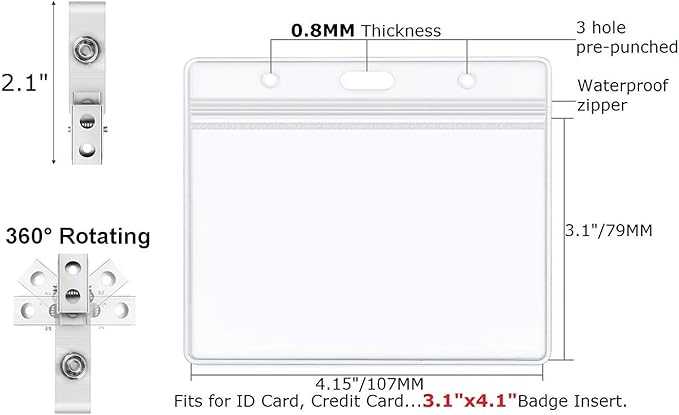 Clear Plastic Horizontal Name Tag Holder and Metal Badge Clip with Vinyl Straps Waterproof PVC ID Card Holders (100 Pack, Horizontal Large 3x4)