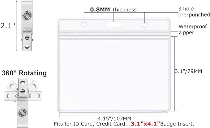 Clear Plastic Horizontal Name Tag Holders and Metal Badge Clips with Vinyl Straps Waterproof PVC ID Card Badge Holder 3x4 Inch(25 Pack, Horizontal Large 3x4)