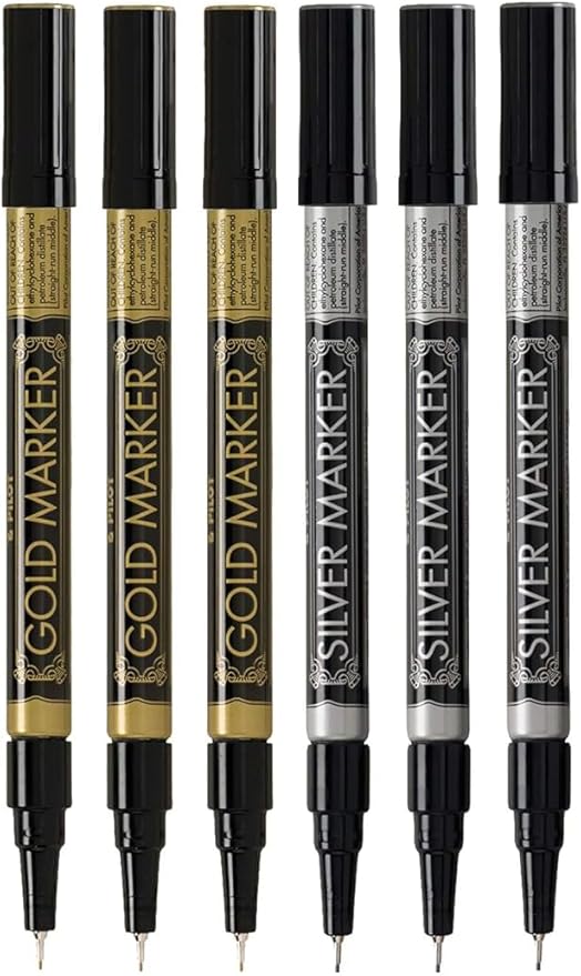 Metallic Permanent Paint Markers, Gold And Silver, Extra Fine Point (0.5mm), 6 Count, Bundle with Plastic Reusable Pouch