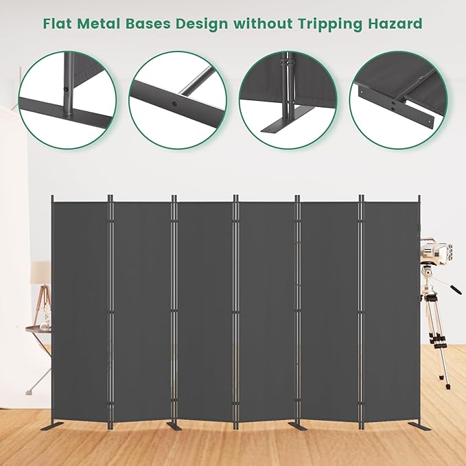 Helios&Hestia 6-Panel 6 ft Tall Indoor Folding Room Divider, Portable Privacy Screen, Freestanding Partition Separator, Temporary Wall Separation for Bedroom, Office, 120" W X 71" H, Dark Grey