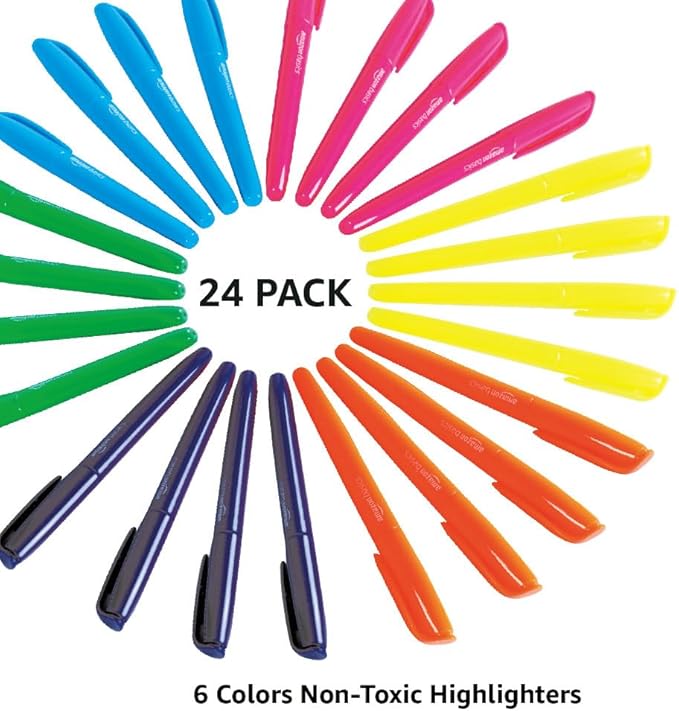 Amazon Basics Highlighters, Fluorescent Ink, Chisel Tip, School Supplies, 24 Pack, Multicolor