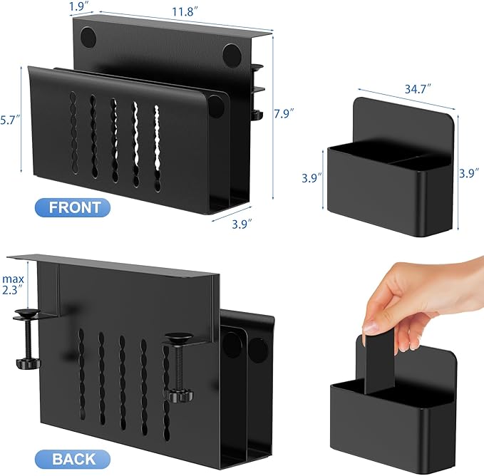 HAMOPY Desk Side Storage, 2 Tier Steel Hanging Desk Organizer with Magnetic Pen Holder, No Drilling Standing Desk Drawer Cable Management Tray, Under Desk Laptop Holder for Office, School&Home (Black)