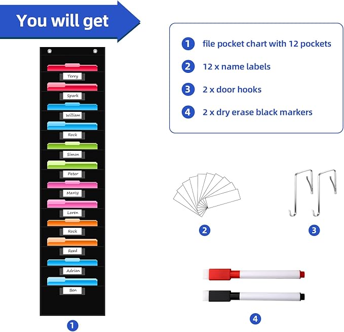 REGELETO 12 Pockets File Storage Pocket Chart with 12 Nametag Pockets,Hanging Wall File Organizer for Classroom and Office, Organize Your Assignments, Files, Scrapbooks, Paper (Black)