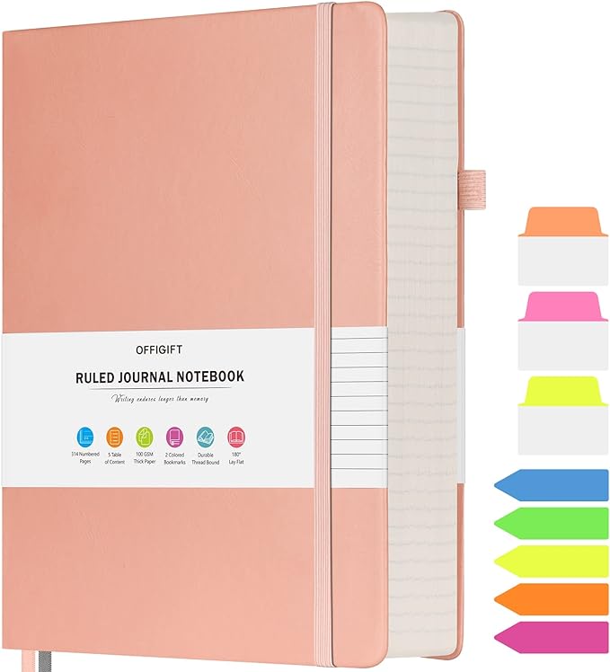 Lined Journal Notebook, Large A5 College Ruled Notebook, 312 Numbered Pages Work Notebook with Index Stickers, 100gsm Thick Paper, Hardcover Vegan Leather Journal for Women Men School Office, Pink