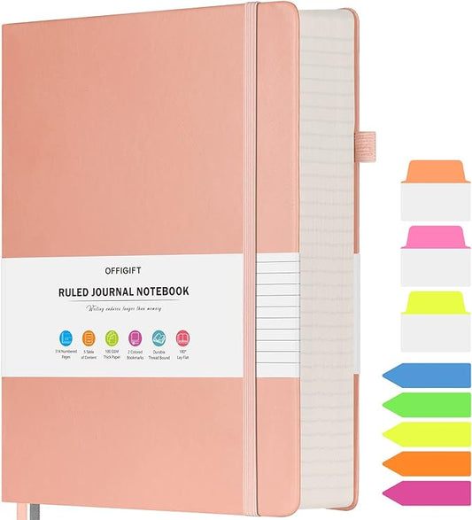 Lined Journal Notebook, Large A5 College Ruled Notebook, 312 Numbered Pages Work Notebook with Index Stickers, 100gsm Thick Paper, Hardcover Vegan Leather Journal for Women Men School Office, Pink