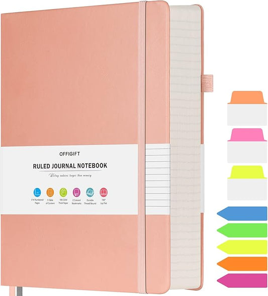 Lined Journal Notebook, Large A5 College Ruled Notebook, 312 Numbered Pages Work Notebook with Index Stickers, 100gsm Thick Paper, Hardcover Vegan Leather Journal for Women Men School Office, Pink