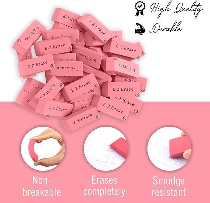Pink Erasers, Erasers for Kids, Rubber Eraser, 24 Count, Erasers Bulk for School Supplies, Art, and Office Use