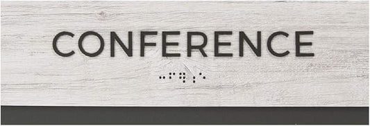 Conference Sign With Braille/Small Business Easy Adhesive Mount Door And Wall Sign / 3" x 9" Sign/Silver Woodgrain