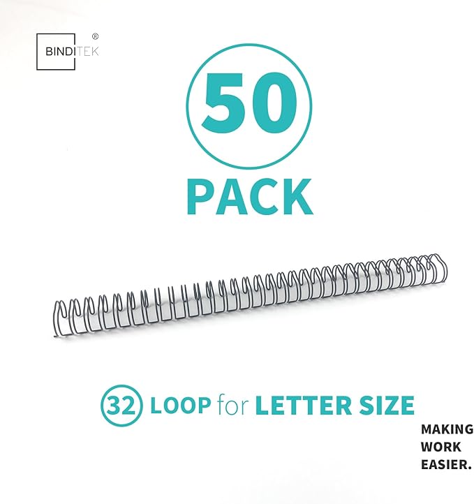Binditek 50 Pack Double Loop Wire Binding Spines, 9/16 Inch Binding Wire for Letter Size, 2:1 Pitch, 120 Sheet Capacity, 21-Loop, Black, for Students and Coworkers