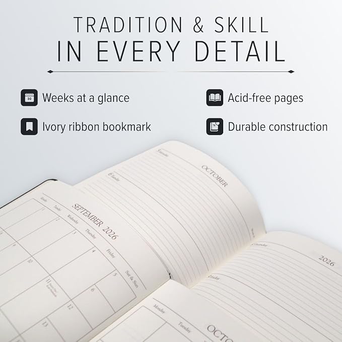 Gallery Leather Pocket Weekly Monthly Planner 2025-2026, Elegantly Bound Calendar Planner and Notebook with Stylish Gold-Gilded Page Edges, 12 Months - Freeport Metallic Silver - 6 x 3.25 "