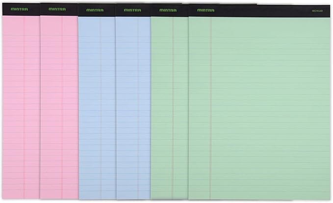 Mintra Office Legal Pads, ((Basic 6pk - (Pastel Version #3), 8.5in x 11in, Wide Ruled)) - Includes 2 Blue Writing Pads, 2 Pink Writing Pads and 2 Green Writing Pads