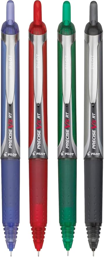 Precise V5 RT Retractable Rolling Ball Pens, Extra Fine Point (.5mm), Assorted Colors Black/Blue/Red/Green Ink, 4-pk; Premium Comfort Grip, Bundle with Plastic Reusable Pouch