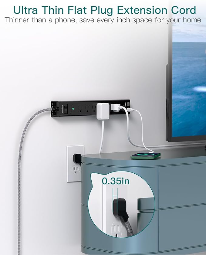 Flat Plug Extension Cord, 6Ft Surge Protector Power Strip - Multi Outlet Extender with 6 AC Outlets 4 USB (2 USB-C) Ports, 900J, Desktop Charging Station for Office College Dorm Room Essentials