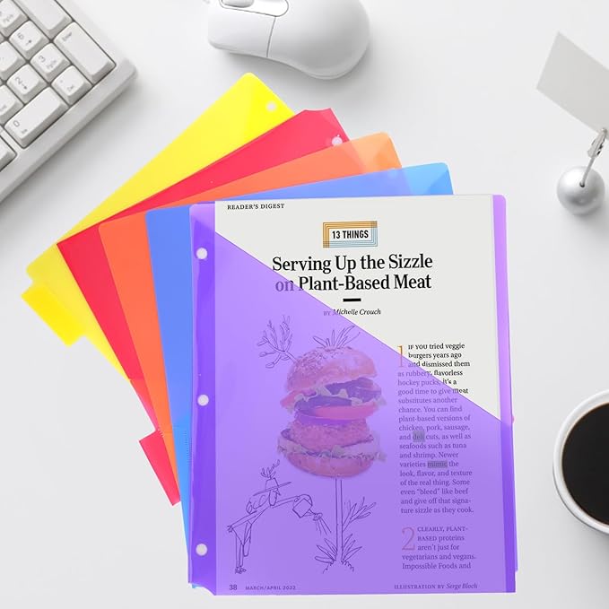 60 Pack Binder Pockets 3 Hole Punch Clear Document Folders 11.18 x 9.17 Inch Binder Organizer with Pockets Slash File Jacket Plastic Document Divider for Office Supplies (Multicolor)