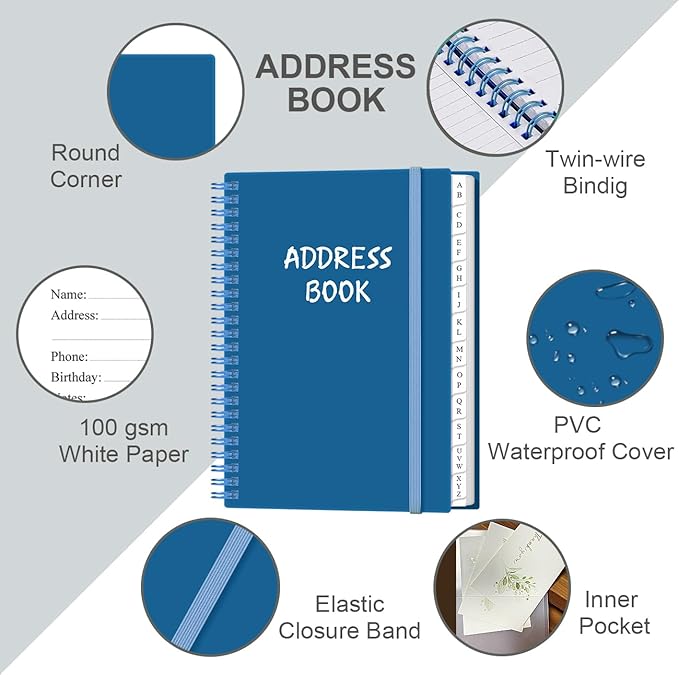 Address Book with Alphabetical Tabs - A5 Telephone & Address Book with Address Contacts, Special Date, Phone, Birthday & Internet Login Password for Home and Office, 6.2" x 8.5", Blue