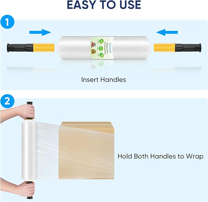 TICONN 2Pk Stretch Wrap Stretch Film Roll, 1000ft Industrial Strength 15 inch Wide Clear Plastic Wrap with Handles for Pallet Wrapping Shipping Moving