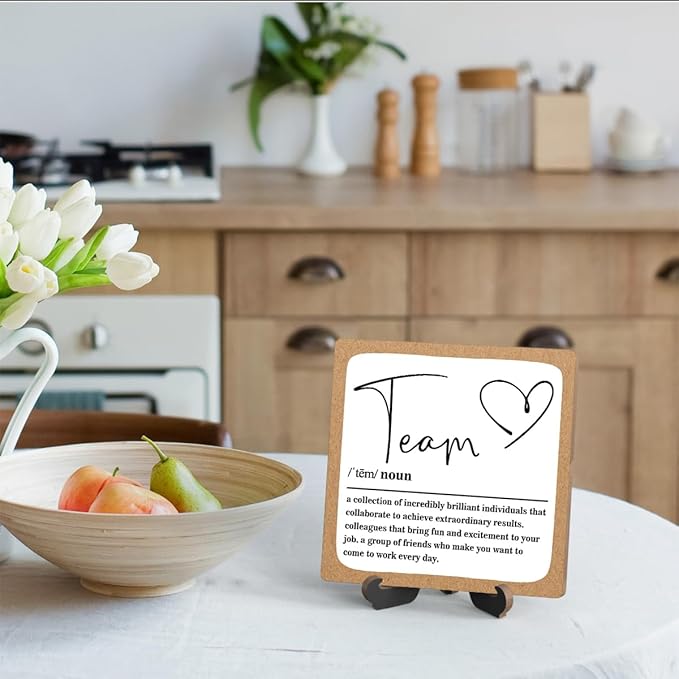 Wooden Table Sign Gift Team Definition Desk Decor Wood Plaque With Stand Team Gift for Boss Employees Women Best Mom Coworker Office(Brown)-A15