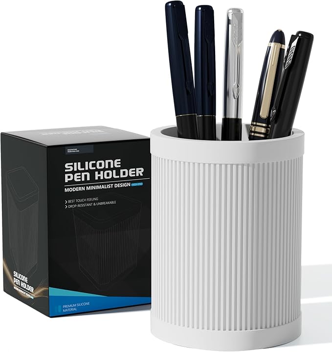 Aesthetic Pen Holder For Desk, Modern Silicone Pencil Holder, Stylish Office Desk Decor, Made of 5 mm Thickened Premium Silicone, Office Desk Organizer And Accessories (White)