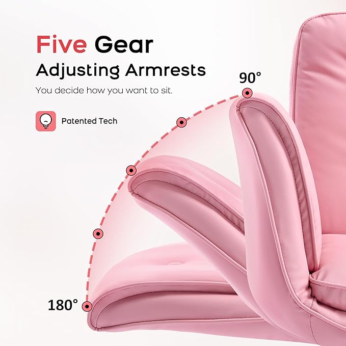 Criss Cross Chair with Armrests & Wheels, PU Leather Vanity Chair, Comfortable Adjustable Swivel Computer Office Desk Chairs for Home, Make Up, Bed Room (Pink)