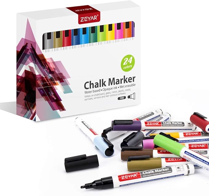 ZEYAR Liquid Chalk Marker-Wet Erase Marker, 24 Colors, 1.2mm Fine Tip for Detailed Drawing, Writes on Nonporous Chalkboards, Bistro Boards, Windows, Plastic and more (24 Colors)