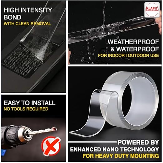KLAPiT Super Tape - Clear Double Sided Heavy Duty Enhanced Nano Technology Holds 50 lb 1.27lb per Inch Multipurpose, Home Office Decor, Kitchen Bathroom Utility, Carpet & Furniture Fixing