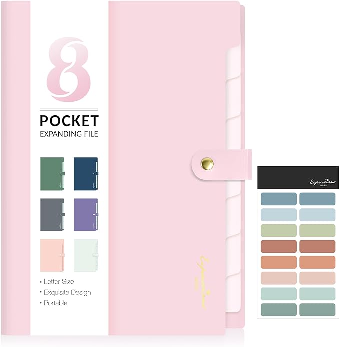 Sooez Elegant Accordion File Organizer with Labels, 8 Pocket Expanding File Folder, Portable Folders for Documents, Cute Paper Organizer for School Office Supplies, Letter Size, Blush