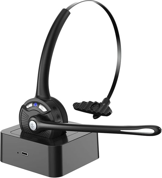 Bluetooth Headset with Microphone, Noise Canceling Wireless On Ear Headphones, Bluetooth Headphones with Mic Charging Base, Phone Headset Mute Button for Laptop, Skype, Call Centers, Office, Trucker