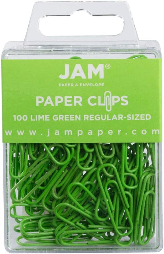 JAM PAPER Colorful Standard Paper Clips - Regular 1 Inch - Lime Green Paperclips - 100/Pack