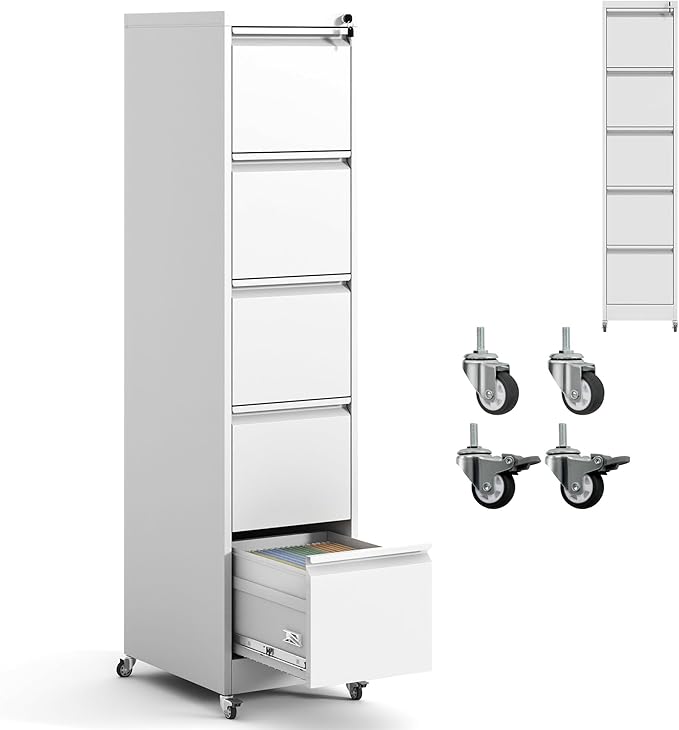 5 Drawer File Cabinet with Wheels,Metal Mobile Filing Cabinets with Lock,Vertical File Cabinet for Home Office,Heavy Duty Storage Cabinet for A4/Letter/Legal Size File,Assembly Required