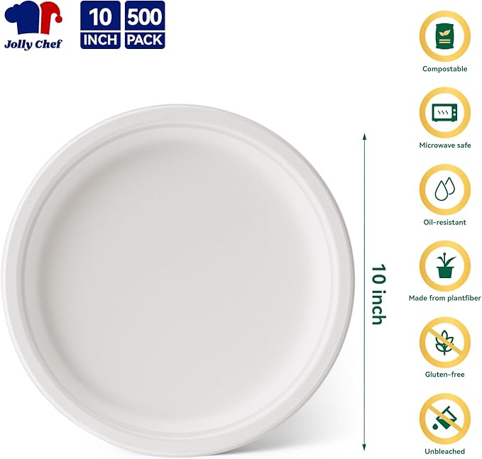 JOLLY CHEF Compostable Heavy Duty Plates 𝟭𝟬 𝗜𝗻𝗰𝗵 [𝟱𝟬𝟬 𝗣𝗮𝗰𝗸] Eco-Friendly Disposable White Paper Plates Made of Bagasse Biodegradable Bulk for Party Dinner Sugarcane Thanksgiving Day