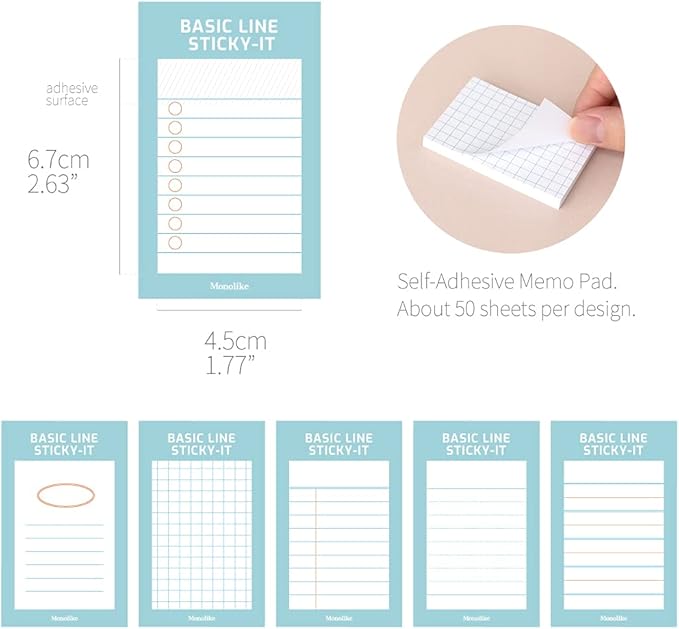 Monolike Basic Line Blue Sticky-it - 6p Set Self-Adhesive Memo Pad 50 Sheets