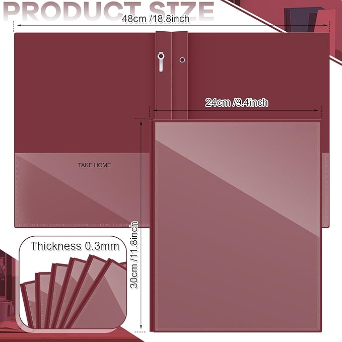 Henoyso 24 Pcs Plastic Folders with Clear Front Pocket and 3 Prong Take Home Plastic 2 Pocket Folder Back to School for Students Parent Teacher Communication for School Office (Dark Red)