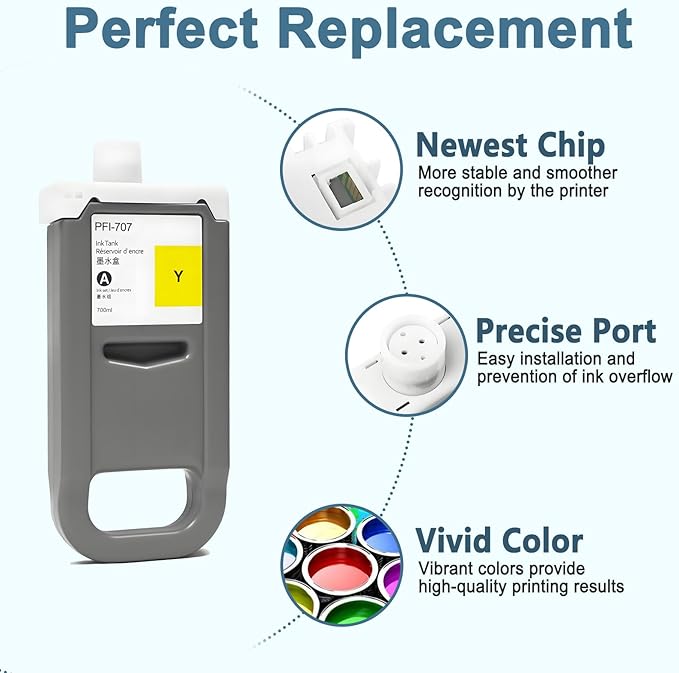 PFI-707 Ink Cartridge PFI707 Ink Tank Compatible with Canon imagePROGRAF PF830, iPF840, iPF850 CAD Plotters 700 ML (1-Pack, Yellow)