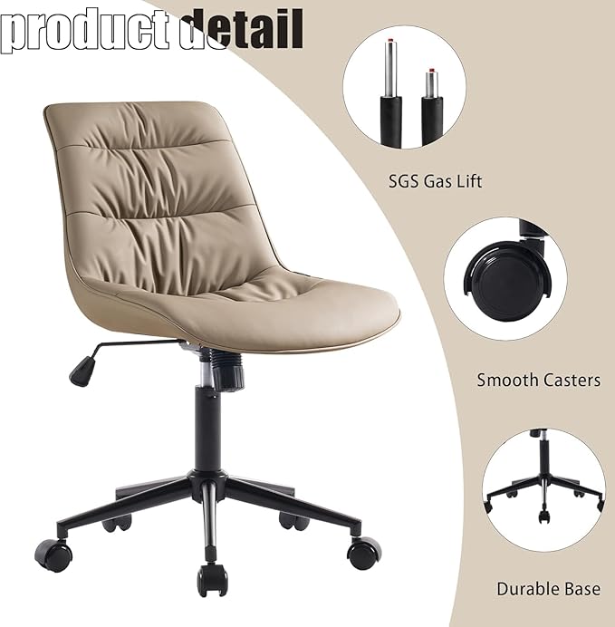 Kidol & Shellder Faux Leather Office Chair, Adjustable Swivel Height Task Chair, Rolling Wheels & Soft Backrest - Armless Ergonomic Desk Chair for Home, Office,Vanity,Gaming（Khaki）