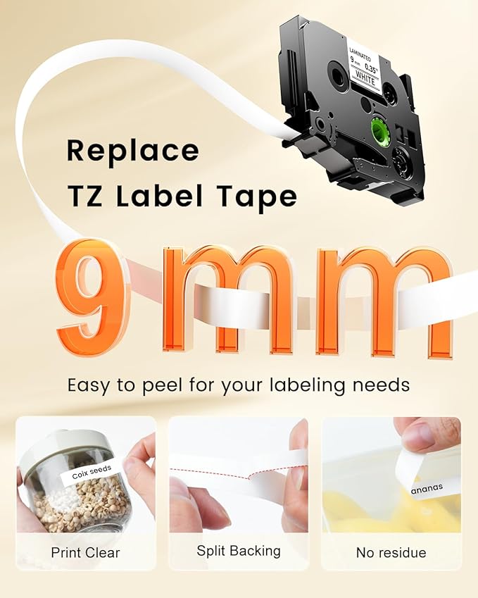 TZe-221 9mm 0.35 Laminated White Tape Replace for Brother P-Touch Label Tape 9 mm TZe Tz Black on White TZe221 AZe-221 for PT-D210 D200 1190 1750 Label Maker Refills 3/8 Inch, 6-Pack