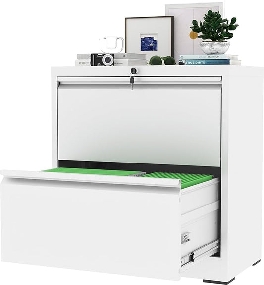 AQY 2 Drawer File Cabinet with Lock,Metal Lateral File Cabinets for Home Office,Steel Wide Filing Organization Storage Cabinets for Hanging Files Letter/Legal/F4/A4 Size,Assembly Required(White)