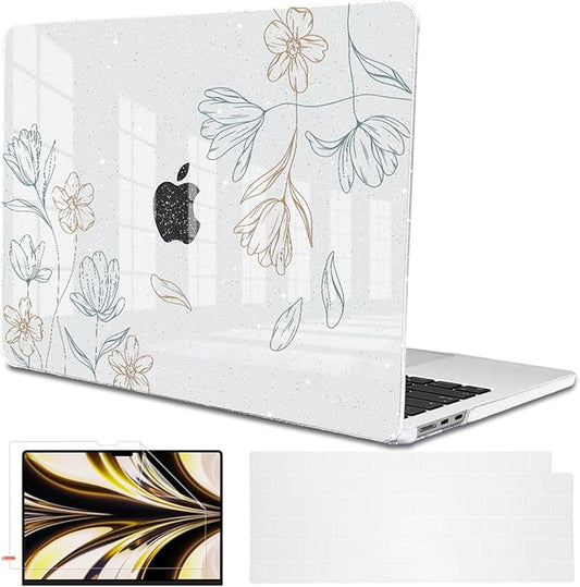 Compatible with 2025 MacBook Air 13.6 inch Case M4 A3240 Cover, Shiny Pattern Plastic Hard Shell Case Keyboard Skin for Mac Air 13.6 M2 A2681 M3 A3113 2024-2022 Release, Line Flower