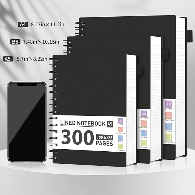 AHGXG Spiral Notebook College Ruled - Spiral Journal A5 Smal Notebooks for Work, 100GSM Thick Paper, Plastic Hardcover, for Office School Writing Notes,5.7" x 8.3", Black