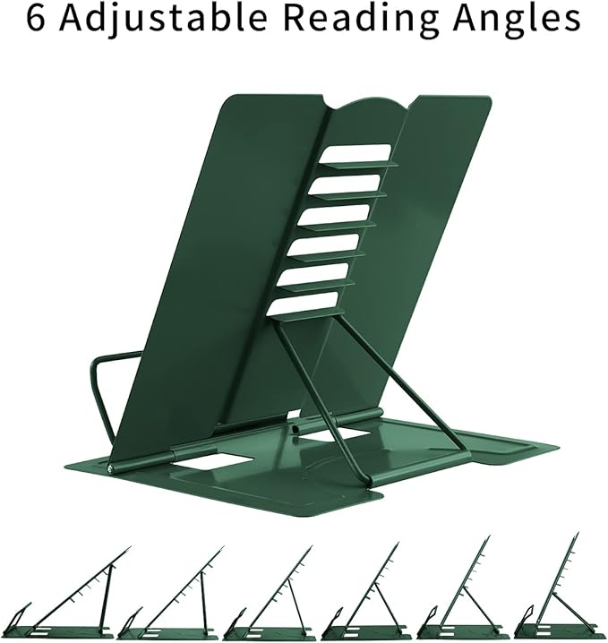 MSDADA Book Stand Metal Reading Rest Book Holder Adjustable Cookbook Documents Holder Portable Sturdy Bookstands for Recipes Textbooks Tablet Music Books with Page Clips (Military Green)