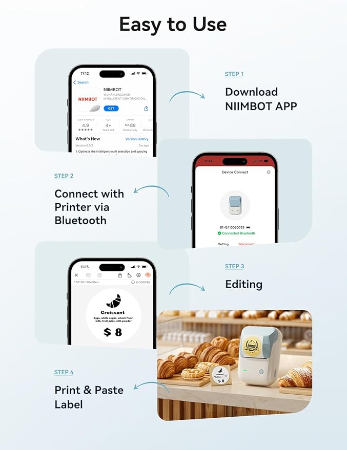NIIMBOT Label Maker Machine with Tape, B1 Bluetooth Label Printer, 2 Inch Large Waterproof Label, Inkless Thermal Label Maker for Kids School Items, Classroom Teacher, Light Blue