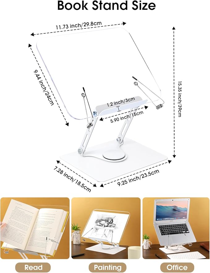 Honagu Book Stand for Reading, Adjustable Book Holder with 360 Degree Rotating Base & Page Clips, Hands Free Foldable Desktop Cookbook Stand for Sheet Music, Laptop, Recipe, Textbook (Acrylic)