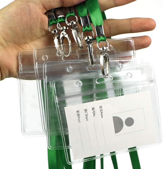 Lanyard with ID Holder 50 Pcs Waterproof Name Tag Badge ID Card Holders ID Pass Holder and 50 Pcs Flat Neck Lanyards Swivel Hook (Green, Horizontal)