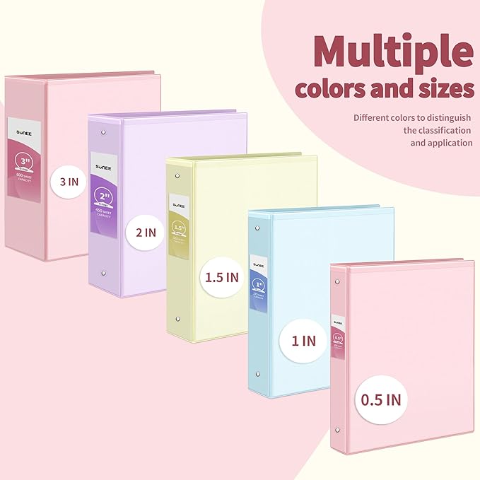 SUNEE 3 Ring Binder 3 Inch 4 Pack, 3" Clear View Binder Three Ring PVC-Free (Fit 8.5x11 Inches) for School or Office Supplies, Assorted Pastel
