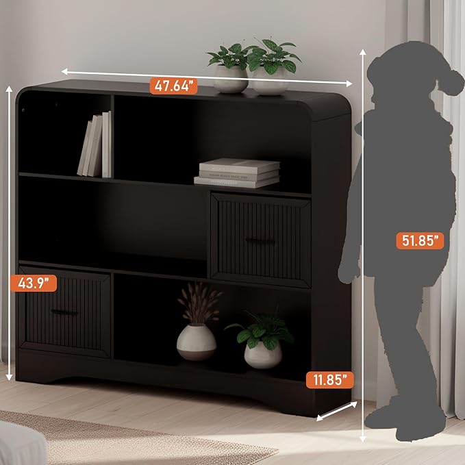 6 Cube Storage Organizer, 48" Wide Cube Storage Organizer w/Adjustable 2 Bins Storage, Modern Wooden Bookshelves and Bookcase w/Drawers, Large Bookshelf w/Open Display Shelves for Living Room, Black