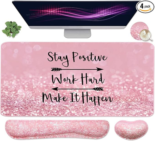 Large Mouse Pad and Keyboard Wrist Rest, Desk Pad for Keyboard and Mouse, 4-in-1 Large Gaming Mouse Pad with Wrist Support, Desk Mat for Home Office Study Game-Pink Stay Positive