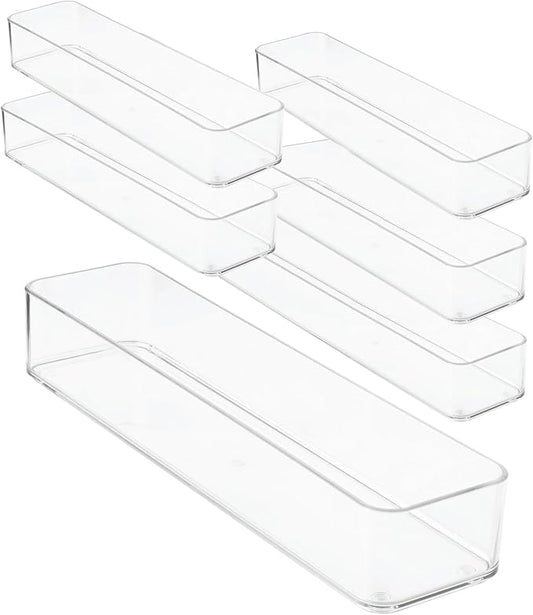 Plastic Clear Drawer Organizers. Bathroom, Kitchen, Bedroom, Gadgets, Office Organizer Bins, Storage Trays. Heavy Duty, Stackable. 12" x 3" x 2" Set of 6