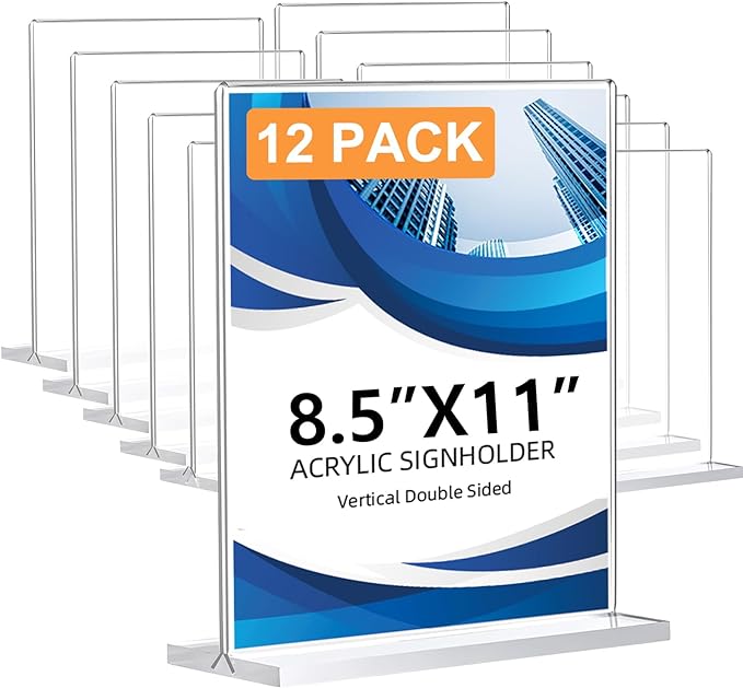 12 Pack Acrylic Sign Holder 8.5 x 11, Double-Sided Clear Sign Holder Plastic Stands for Display, T Shape Acrylic Table Sign Stands for Office Store Restaurants Wedding Party Decoration